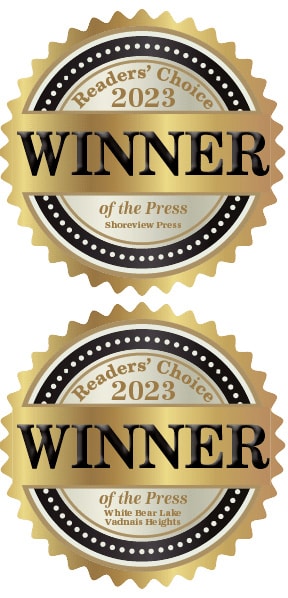 Two gold award badges read Readers Choice 2023 WINNER with the bottom badge labeled White Bear Lake Vadnais Heights and the top Shoreview Press underneath the winner text.