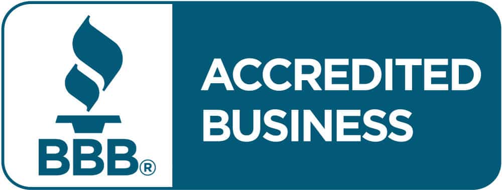 BBB BBB Accredited Business logo with a blue background. The left side shows the BBB torch symbol above the letters BBB, and the right side displays the words Accredited Business in bold white letters.