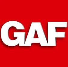 GAF White bold letters GAF centered on a bright red background.