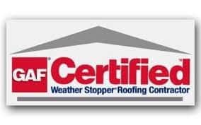 GAF_certified Logo with a gray roof graphic above the words GAF Certified Weather Stopper Roofing Contractor in red and blue text on a white background.