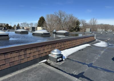 A flat commercial rooftop with multiple skylights, HVAC units, and patches of melting snow under a clear blue sky. Bare trees are visible in the background.
