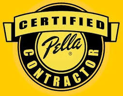 Pella_Certified A yellow and black circular logo with the words Certified Pella Contractor in bold, stylized text.