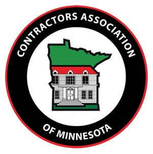 contractors_assoc A circular logo with a black and red border, featuring the text Contractors Association of Minnesota around an illustration of a house set over a green outline of the state of Minnesota.