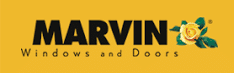 marvin Logo for Marvin Windows and Doors with bold black MARVIN text and a yellow rose with green leaves on a yellow background. Windows and Doors appears in smaller text below.