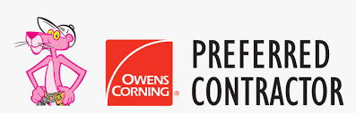 owens Cartoon Pink Panther character wearing a white hat and tool belt stands beside the red Owens Corning logo and the bold text Preferred Contractor on a light background.