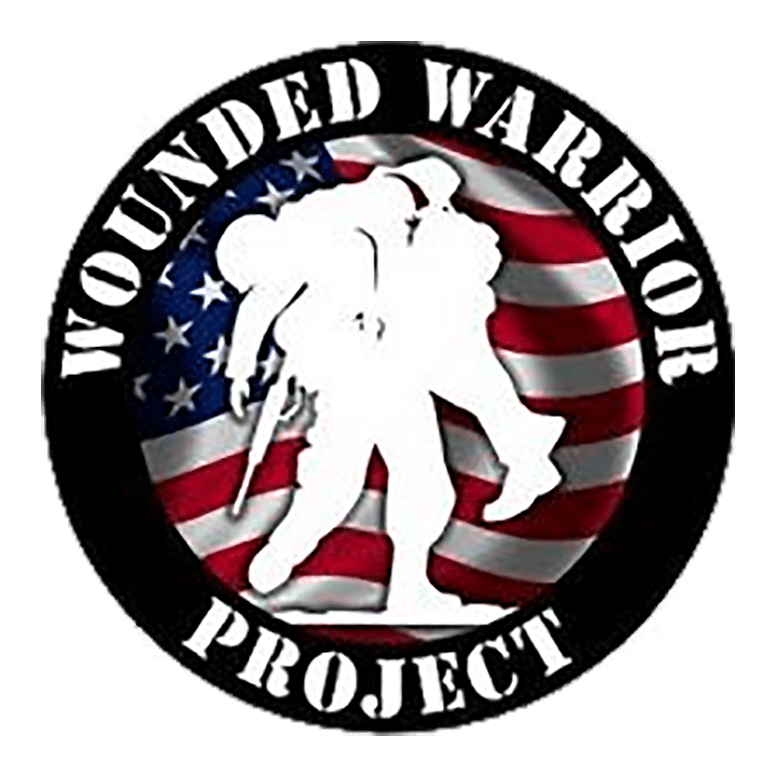 wounded Circular logo with Wounded Warrior Project text. The center shows a silhouette of one soldier carrying another, set against an American flag background.